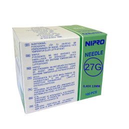 Agujas Esteriles NIPRO 0,40 x 13 Caja 100 Unids (27g x 1½") Agujas Esteriles NIPRO 0,40 x 13 Caja 100 Unids (27g x 1½")